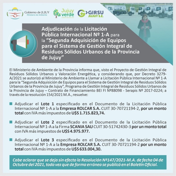 GIRSU. Anuncian adjudicaci&oacute;n de una Licitaci&oacute;n P&uacute;blica Internacional