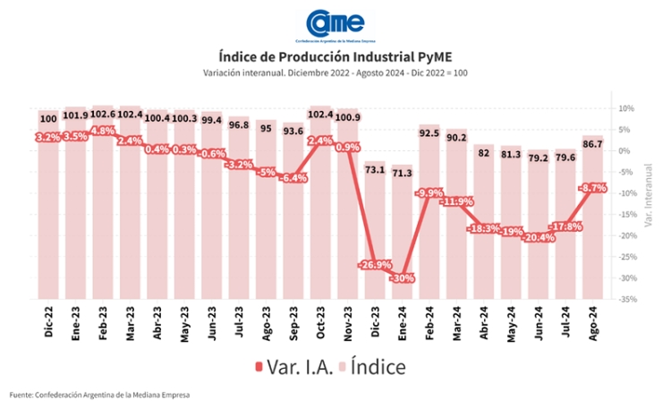 La industria pyme cay&oacute; 8,7% interanual en agosto