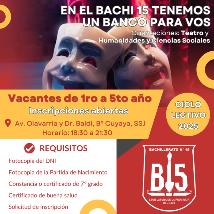 El Bachillerato Provincial N&deg; 15 contin&uacute;a sus inscripciones para el ciclo lectivo 2025