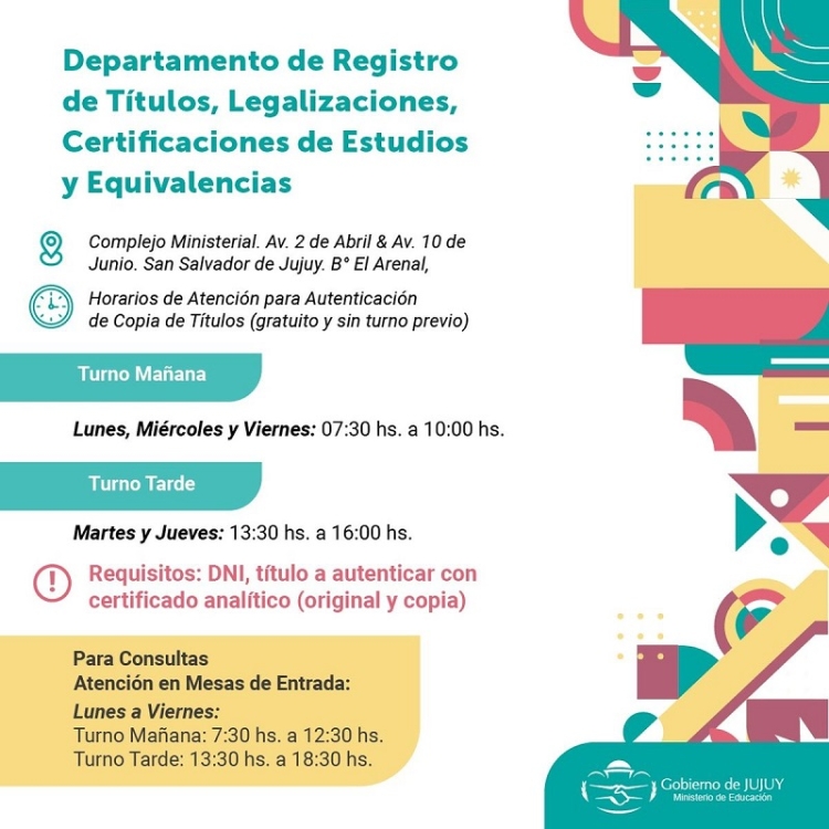 D&iacute;as y horarios de atenci&oacute;n para Autenticaci&oacute;n de Copia de T&iacute;tulos