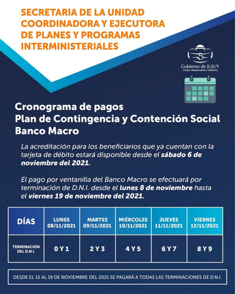 Cronograma de pagos para beneficiarios del Plan de Contingencia
