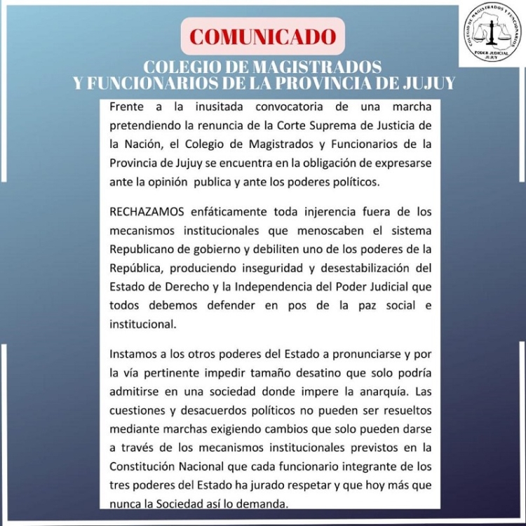 LOS MAGISTRADOS Y FUNCIONARIOS JUDICIALES DE JUJUY RECHAZARON LA MARCHA CONTRA LA SUPREMA CORTE