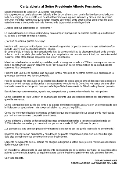 CARTA  ABIERTA AL SE&Ntilde;OR PRESIDENTE ALBERTO FERNANDEZ
