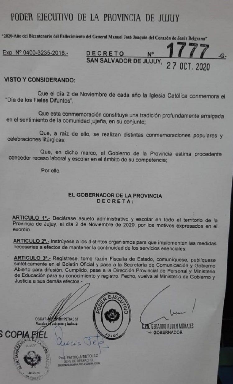 Asueto por el d&iacute;a de los fieles difuntos