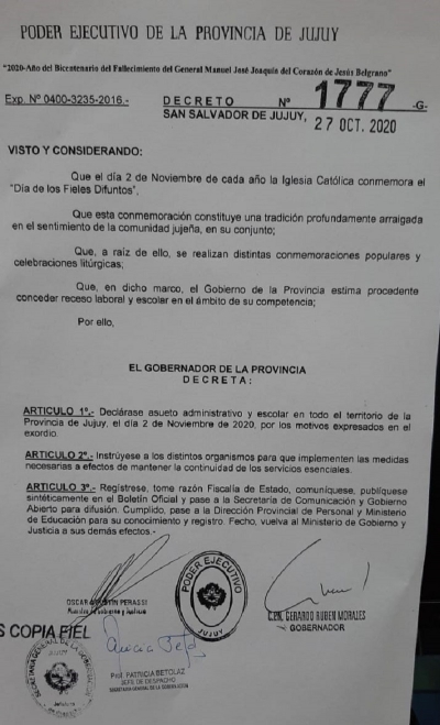 Asueto por el d&iacute;a de los fieles difuntos