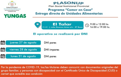 Desde hoy se entregan unidades alimentarias en El Talar y Puesto Viejo