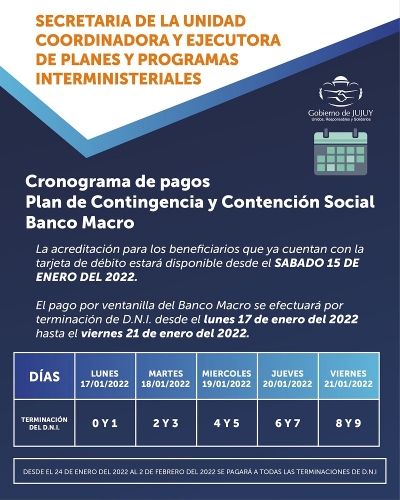 Cronograma de pagos del Plan de Contingencia y de Contenci&oacute;n Social