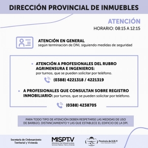 Direcci&oacute;n Provincial de Inmuebles: horarios y modos de atenci&oacute;n general y a profesionales