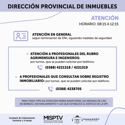 Direcci&oacute;n Provincial de Inmuebles: horarios y modos de atenci&oacute;n general y a profesionales