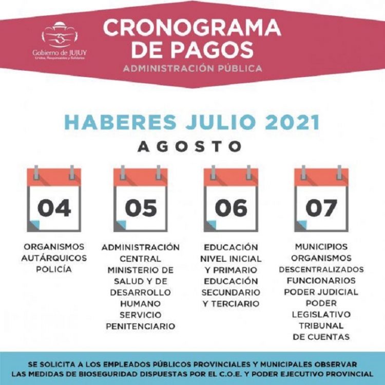 El mi&eacute;rcoles 4 de agosto comienza el cronograma de pagos