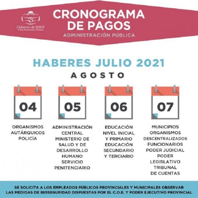 El mi&eacute;rcoles 4 de agosto comienza el cronograma de pagos