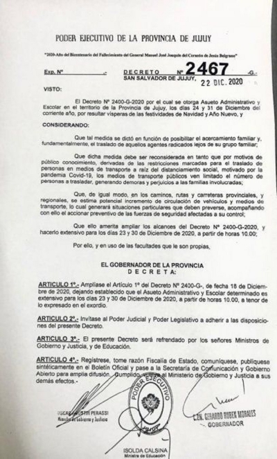 Asueto para 23, 24, 30 y 31 de diciembre