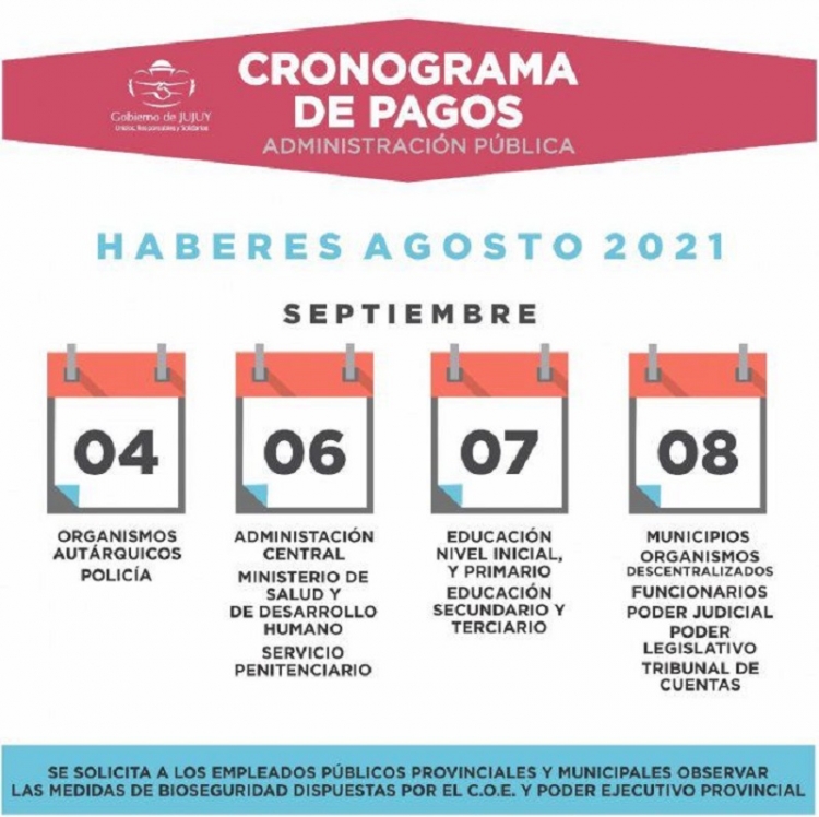 El s&aacute;bado 4 de septiembre comienza el cronograma de pagos