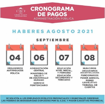 El s&aacute;bado 4 de septiembre comienza el cronograma de pagos