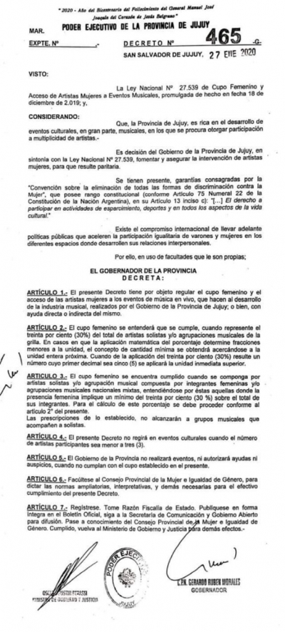 Garantizan cupo femenino para eventos musicales en Jujuy