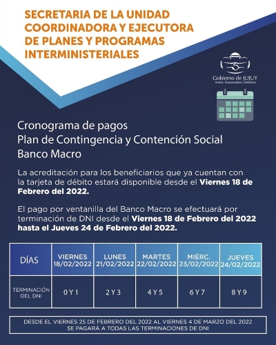 Cronograma de pagos para beneficiarios del Plan de Contingencia