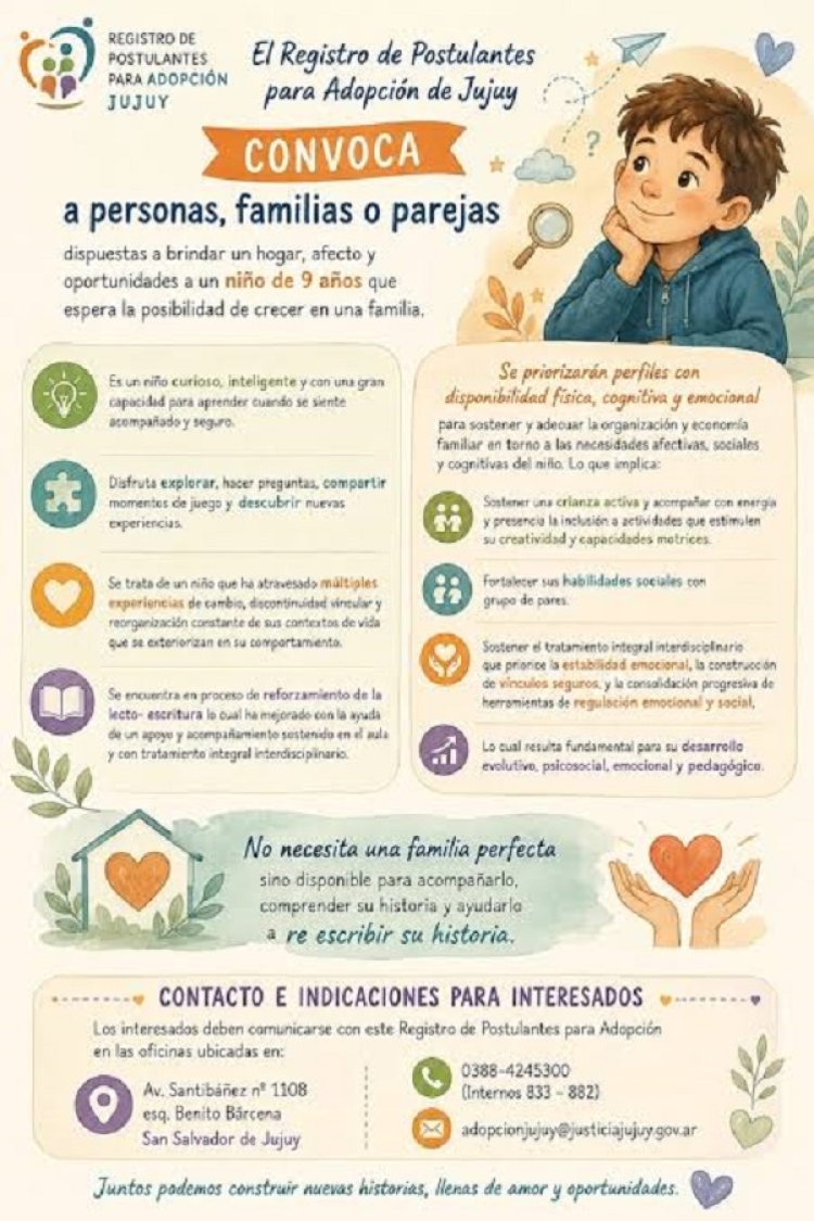 El registro de postulantes para adopci&oacute;n reitera la convocatoria para brindar una familia a un ni&ntilde;o de 9 a&ntilde;os