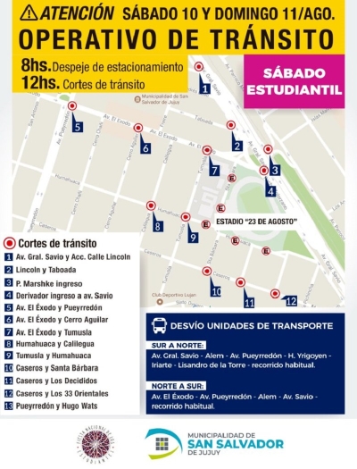 Modificaciones en el tr&aacute;nsito por la realizaci&oacute;n del S&aacute;bado Estudiantil