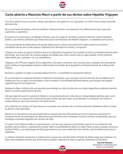 Carta abierta de Morales a Macri por sus dichos sobre Yrigoyen
