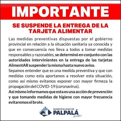 Se suspende la entrega de Tarjetas Alimentarias en Palpala y Tilcara